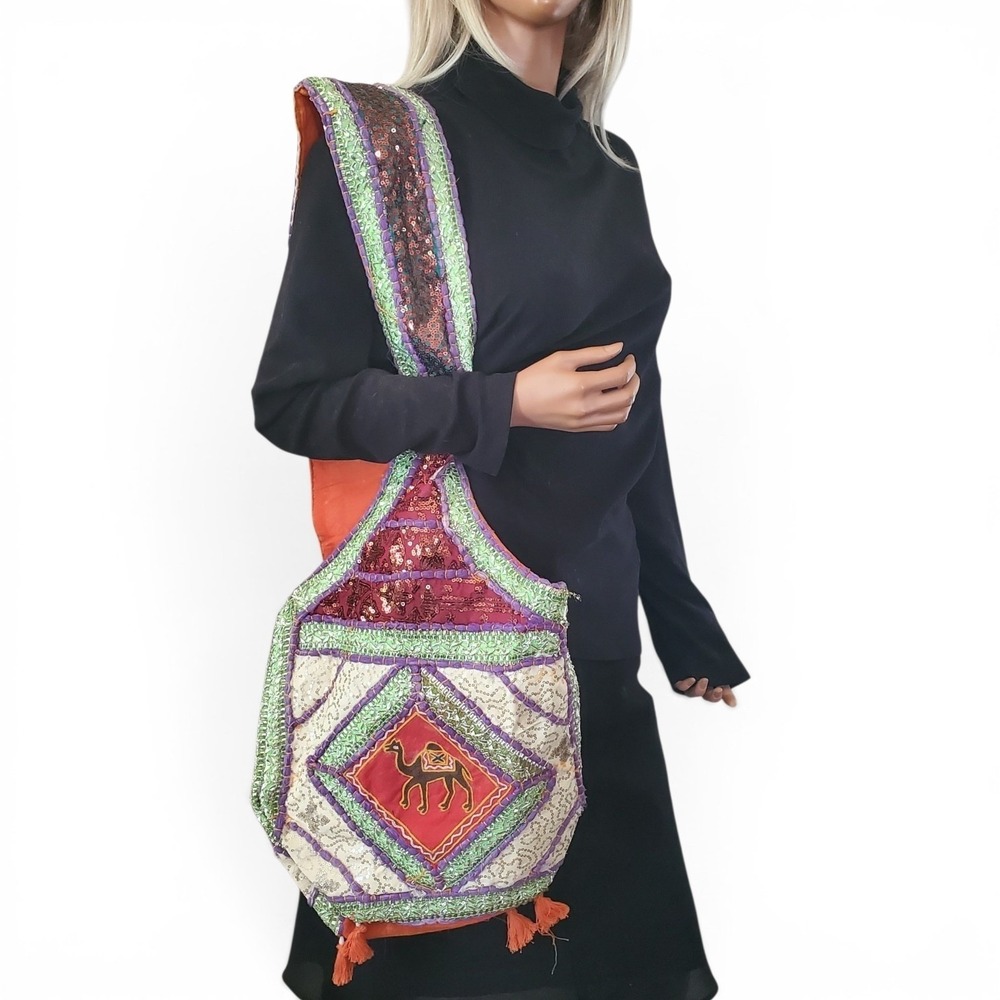 Boho Embroidered Camel Sequin Hobo Shoulder Bag Multi Color Tassel Festival Bag